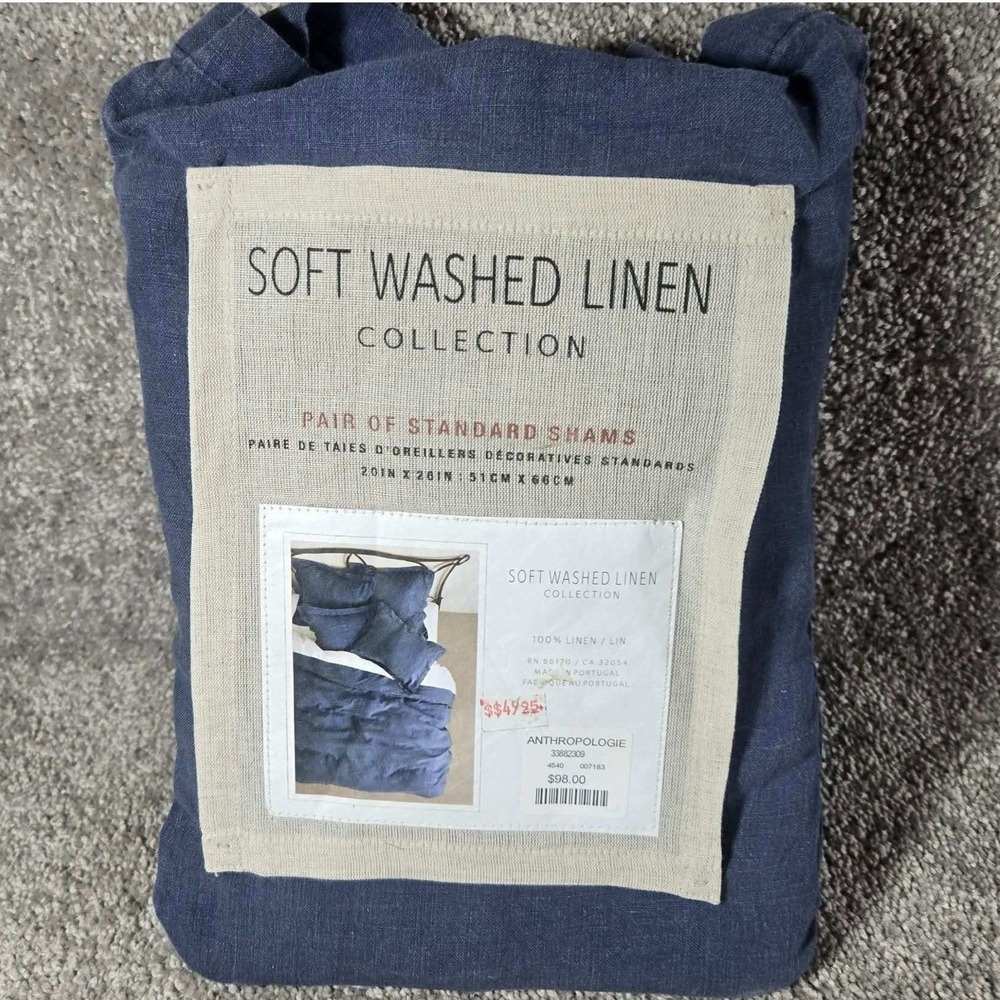 Anthropologie Standard Shams Navy Blue Soft Washed Linen Set of 2 - 20x26in